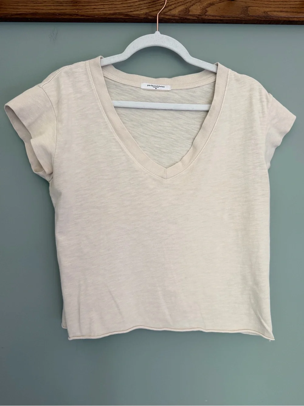 perfectwhitetee "Pearl" Cream 100% Cotton Cropped V-Neck Cap Short Sleeve Tee - Picture 1 of 15